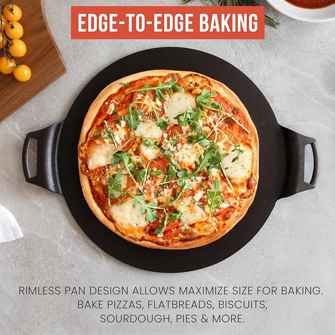 Chef Pomodoro Cast Iron Pizza Pan, Pre-Seasoned Dosa Pan with Handles, Flat Pan for Oven, Round Griddle for Dosa Tawa Roti, Comal for Tortillas, Baking Stove, Oven, Grill BBQ and Campfire (15-inch) | Round Griddle for Dosa, Tawa, Roti, Comal; Oven, Gri...
