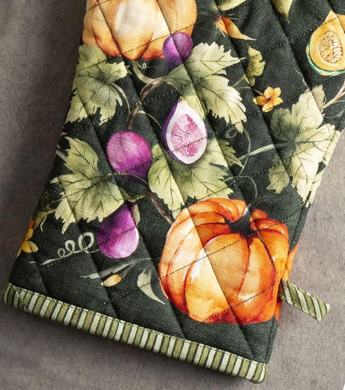 Maison d'Hermine Oven Gloves 100% Cotton Oven Mitt (7" x 13", Pack of 1) | With Loop Heat Resistant BBQ Cooking Gloves Kitchen Handling Hot Pans Thanksgiving Christmas - Pumpkin Garden - Dark Green