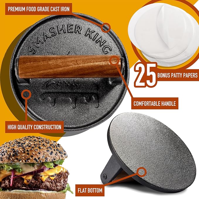 SMASHER KING™ - Smash Burger Press - Cast Iron Burger Smasher | Hamburger Patty Maker - Smash Burger Kit With 25 Sheets Of Paper - Grill Press And Steak Weight And Heavy Meat Smasher