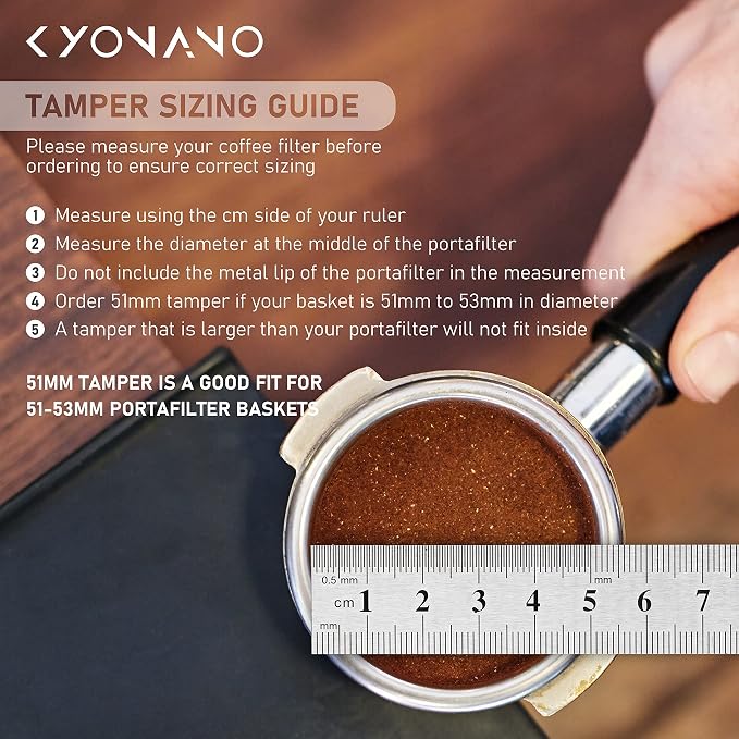 KYONANO Espresso Tamper 51mm - Tamper with Chacate Preto Wood Handle - Coffee Tamper plus Milk Frothing Pitcher 350ml & Silicone Tamper Mat - Tamper fits 51mm Delonghi Portafilter