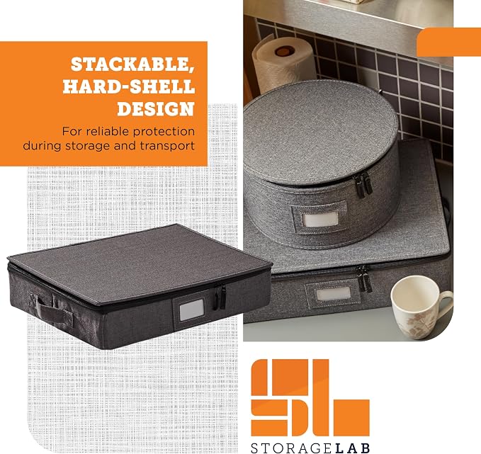 storageLAB Hard Shell Platter Storage Container | Felt Dividers | Gray | Hard shell platter case holds 4 large serving platters with felt dividers. Dual zippers, stackable, dust-free.