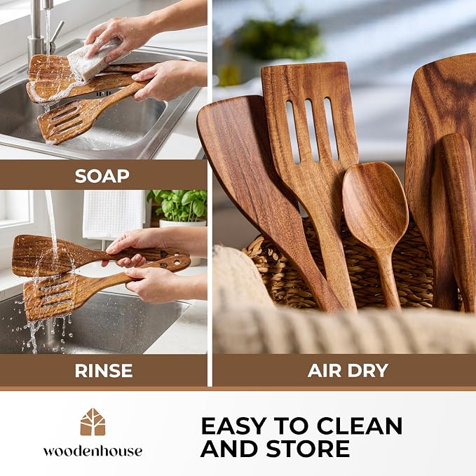 Wooden Spatula for Cooking, Teak Set of 6 for Non-Stick & Cast Iron | Includes Turner, Scraper, Slotted, Frying Tools, Jar Scraper & Spoonula – Scratch-Free, Easy to Clean