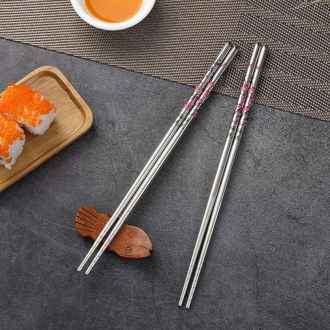 Stainless Steel Chopsticks, Metal Chopsticks, Reusable Non-slip Design Chop Sticks, 5 Pairs Gift Set,Plum Pattern Design