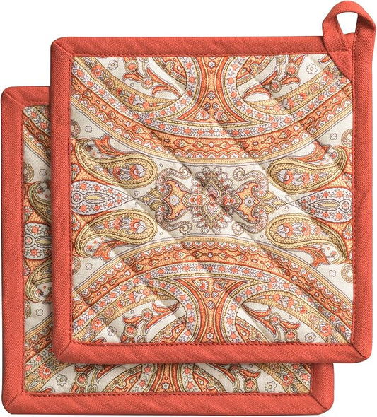 Maison d' Hermine Pot Holders 100% Cotton Potholders (8" x 8", Pack of 2) | Heat Resistant Hot Pads with Loop BBQ Cooking Baking Hotel Kitchen Handling Hot Pans Thanksgiving Christmas - Kashmir Paisley