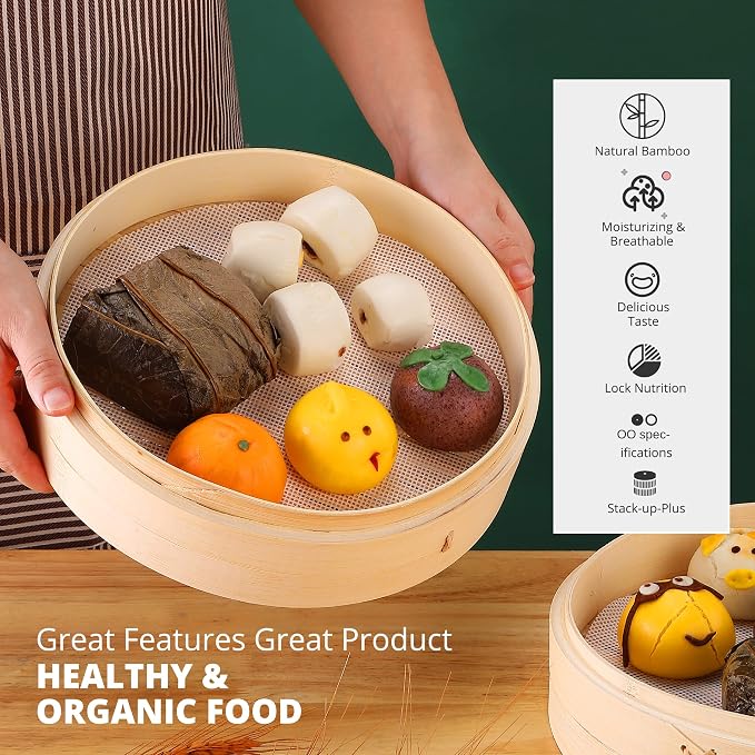 KITCHENCRUST Bamboo Steamer Basket for Chinese Asian Cuisine - 2 Tier 10-Inch Steaming Basket Bun Vegetable Bao Buns, Sauce Dish, Chopsticks, Reusable Liners