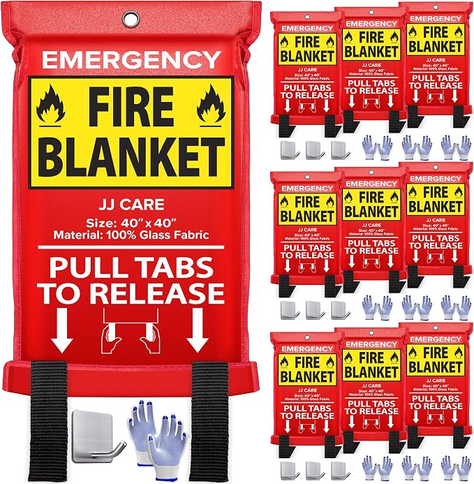 JJ CARE Fire Blanket – 10 Packs with Hooks and Gloves – 40” x 40” Fire Blankets Emergency for Home and Kitchen, High Heat Resistant and Flame Protection for Kitchen, Car, Office, Camping & Home Safety