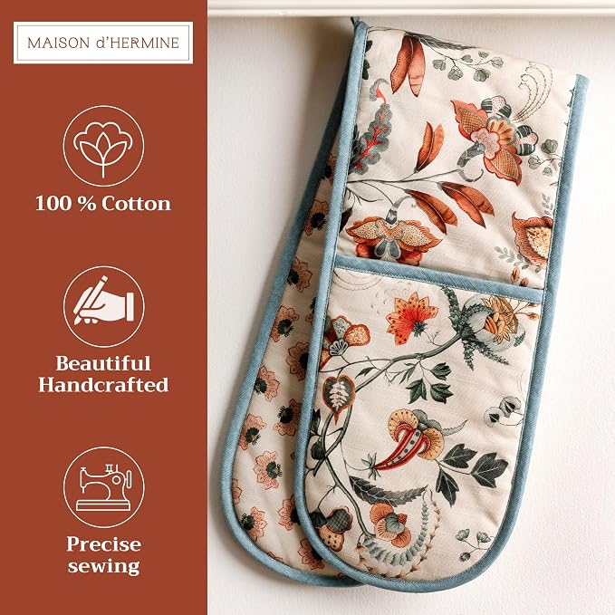Maison d' Hermine Double Oven Mitts 100% Cotton Double Oven Glove (7"x35") | Heat Resistant BBQ Cooking Gloves with Loop Baking Kitchen Home Hotel Farmhouse Thanksgiving Christmas - Dalida