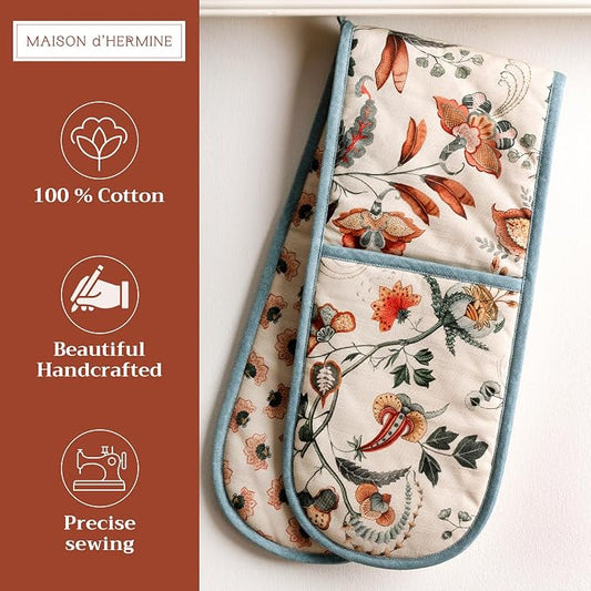Maison d' Hermine Double Oven Mitts 100% Cotton Double Oven Glove (7"x35") | Heat Resistant BBQ Cooking Gloves with Loop Baking Kitchen Home Hotel Farmhouse Thanksgiving Christmas - Dalida