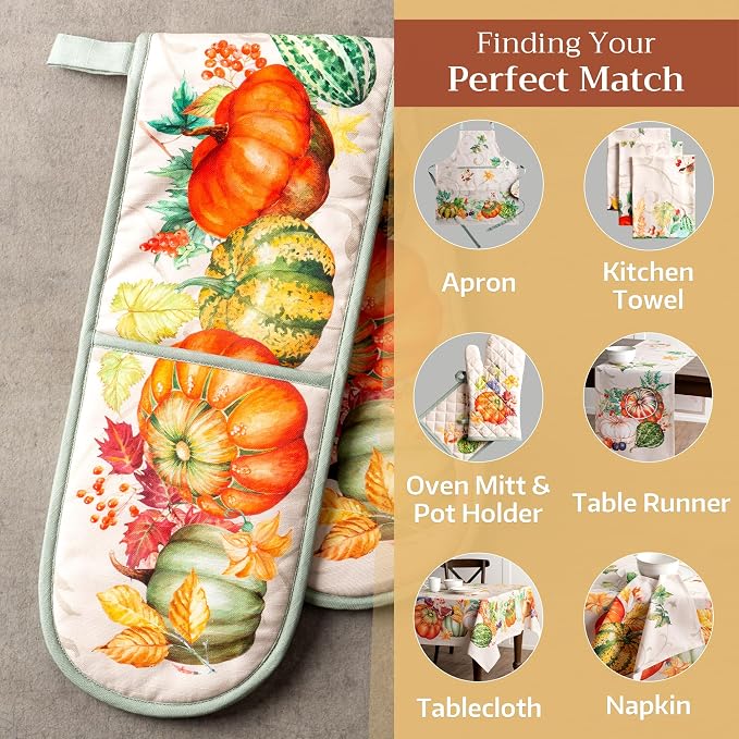 Maison d' Hermine Double Oven Mitts 100% Cotton Double Oven Glove (7"x35") | Heat Resistant BBQ Cooking Gloves with Loop Baking Kitchen Home Hotel Farmhouse Thanksgiving Christmas - Lumina