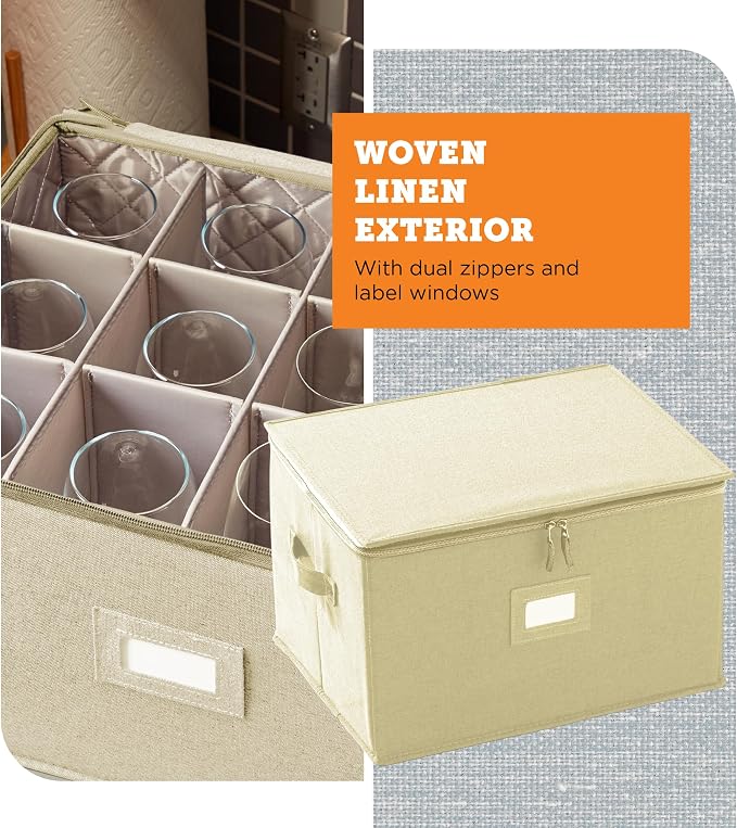 storageLAB Wine Glass Storage Case | Hard Shell Felt Dividers | Cream | Hard shell case holds 12 wine glasses in 4x4 felt compartments. Stackable, top-load, label tag. Cream linen finish.