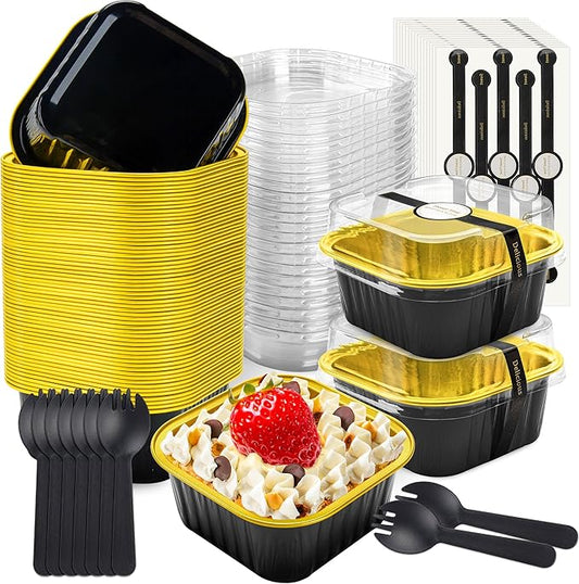 50 Pcs Mini Square Baking Cups with Lids and Spoons Aluminum Foil Mini Cake Pans with Lids Disposable Ramekins Cake Pans Dessert Cups for Wedding Birthday Party(Black Gold,5oz)