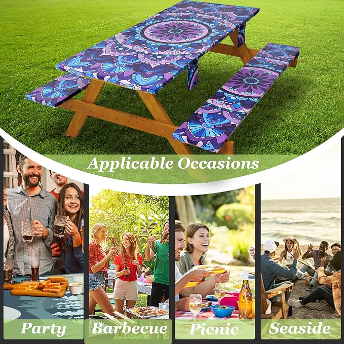 Fitted Picnic Table Cover with Bench Covers Vinyl Waterproof Elastic Edges Fitted Rectangle Tables Patio Tablecloth Camping Gear and Essentials Rv Accessories Road Trip Supplies Car Travel Must Haves