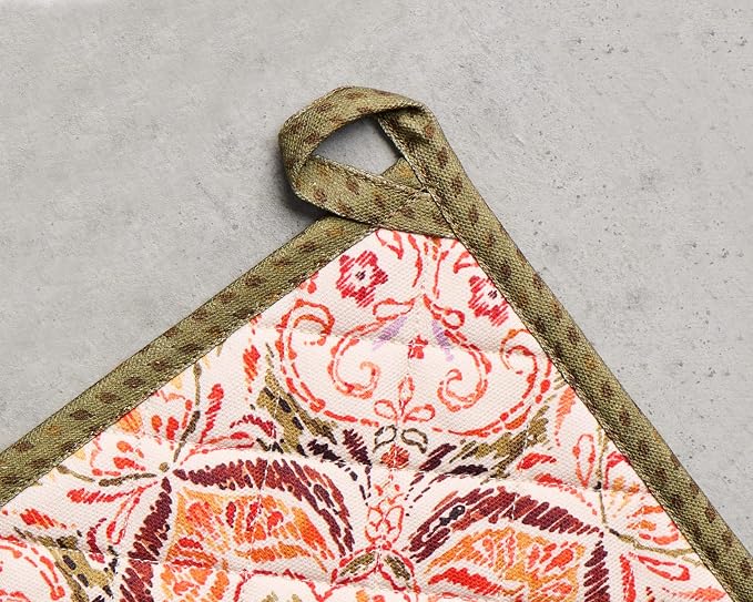 Maison d' Hermine Pot Holders 100% Cotton Potholders (8" x 8", Pack of 1) | Heat Resistant Hot Pads with Loop BBQ Cooking Baking Hotel Kitchen Handling Hot Pans Thanksgiving Christmas - Damask