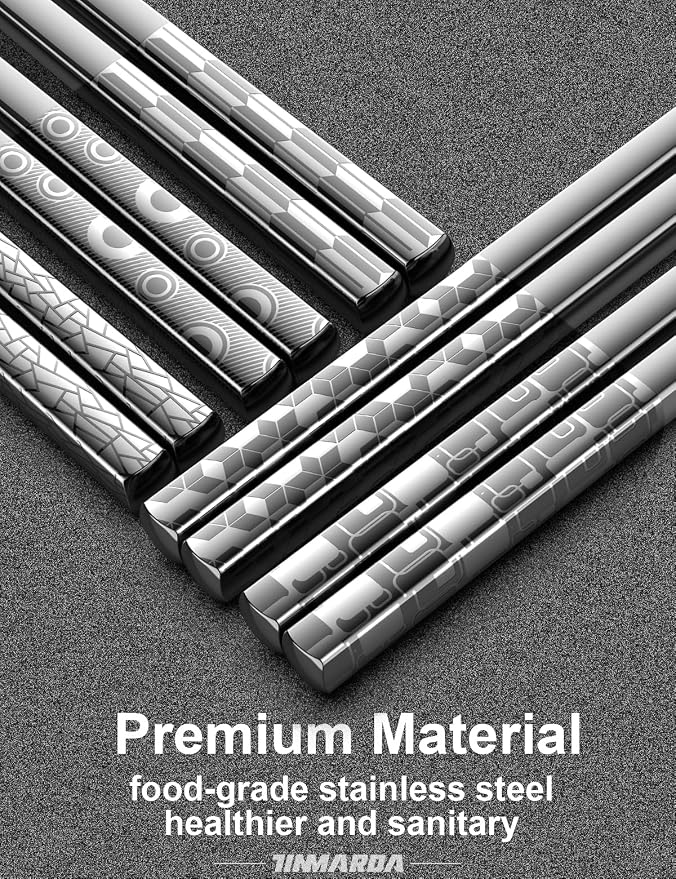 TINMARDA Metal Chopsticks Reusable 18/8 Stainless Steel Chopstick Sleek Engraving Patterns Chop Sticks Reusable Dishwasher Safe Non-Slip Japanese Korean ChopStick 5 Pairs Present Set