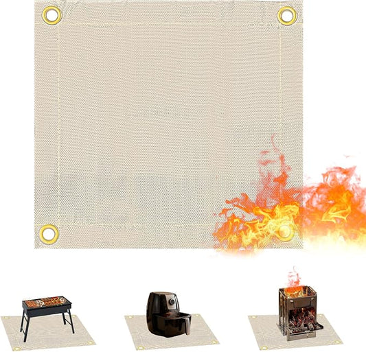 Fireproof Blanket,Made of Fiberglass with Bound Edges and Metal Perforations, can be Laid Flat or Hung up, Suitable for Camping, Home fire Protection,BBQ Grill mats.(17.72x17.72 Inch, Khaki)
