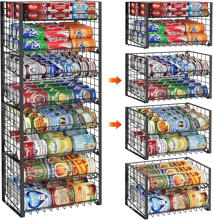 JKsmart 2-Tier Stackable Rack Organizer for Pantry, Adjustable Dispenser Holds Up to 120 Cans, Storage Holder for Various Ounces of Canned Drinks, Black, 4 Pack