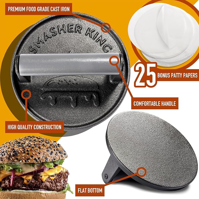 SMASHER KING™ - Smash Burger Press - Cast Iron Burger Smasher | Hamburger Patty Maker - Smash Burger Kit With 25 Sheets Of Paper - Grill Press And Steak Weight And Heavy Meat Smasher