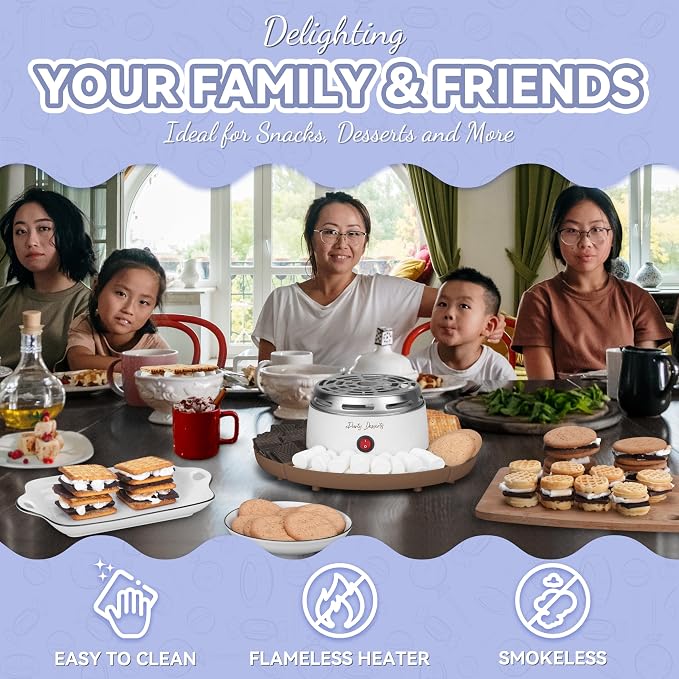 Party Desserts Electric Smores Maker Tabletop Indoor Kit, Indoor Marshmallow Roaster, Smores Station with 4 Compartment Trays & 4 Forks, Great Gift for Adults and Kids in Holidays and Parties (Brown)