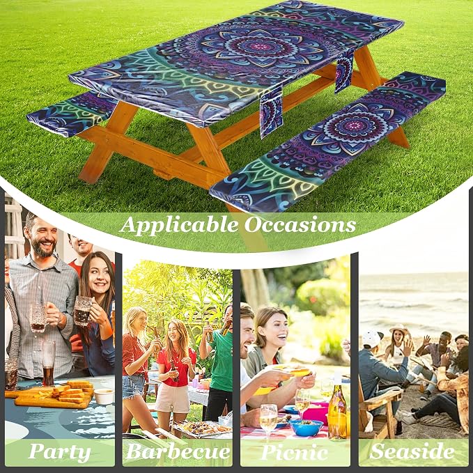 Wrakus Picnic Table Cover with Bench Covers Vinyl Elastic Edges Fitted Rectangle Seat Tables Waterproof 3-Piece72X30in Set Outdoor Rectangular Folding Backing Tablecloth for Camping Over Size