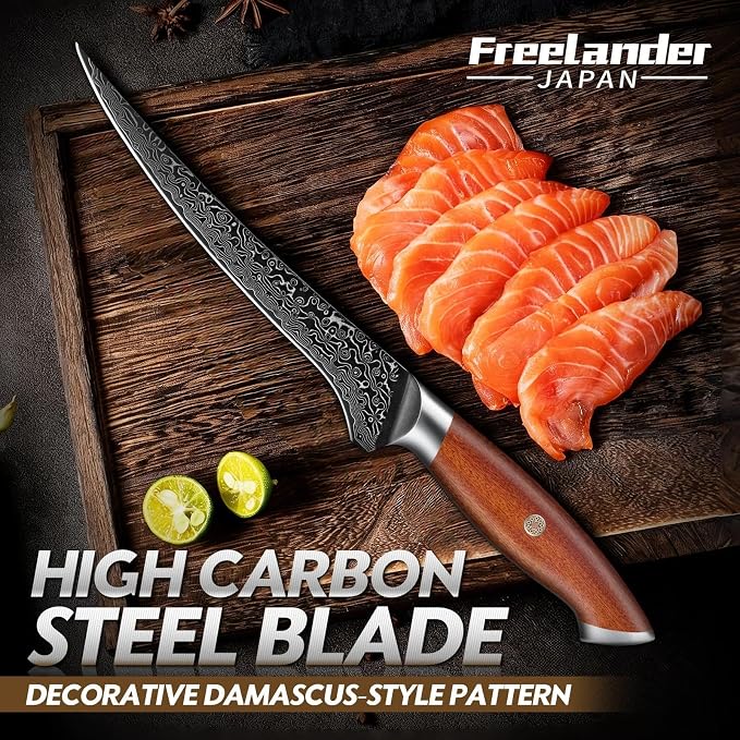 Freelander Damascus Fillet Knife with Wood Handle for Fish, Meat & Poultry | Razor Sharp 7" Filet Knife with Comfortable Grip, Mosaic Pin Design, Ideal for Skinning, Deboning & Slicing, Gifts for Men