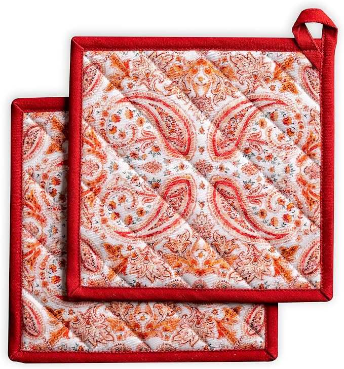 Maison d' Hermine Pot Holders 100% Cotton Potholders (8" x 8", Pack of 2) | Heat Resistant Hot Pads with Loop BBQ Cooking Baking Hotel Kitchen Handling Hot Pans Thanksgiving Christmas - Orient