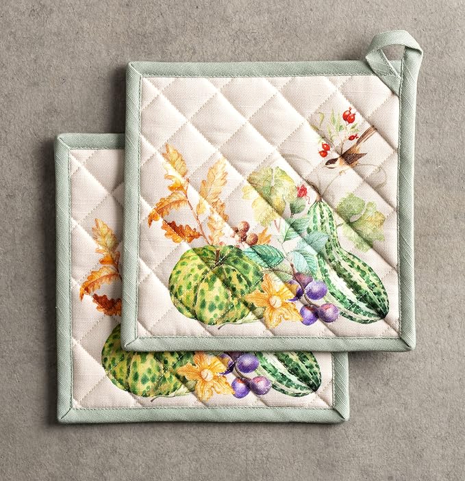Maison d' Hermine Pot Holders 100% Cotton Potholders (8" x 8", Pack of 2) | Heat Resistant Hot Pads with Loop BBQ Cooking Baking Hotel Kitchen Handling Hot Pans Thanksgiving Christmas - Lumina