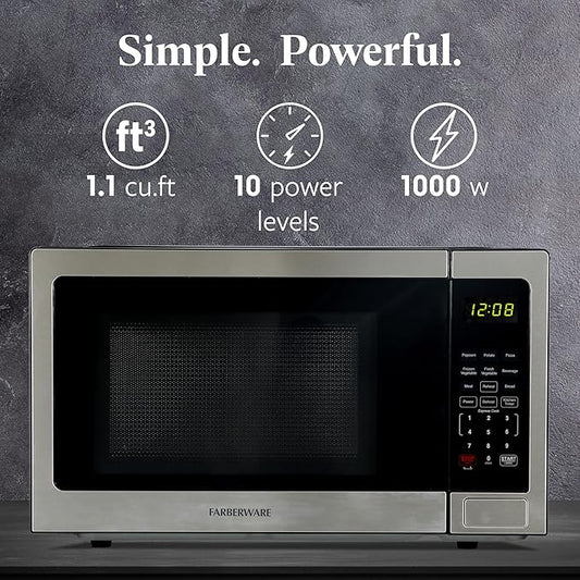Farberware 1.1 Cu. Ft. Countertop Microwave Oven – 1000 Watts Power, Auto Cook Settings, Defrost, Easy Clean and Child Safety Lock-Stainless, Stainless Steel
