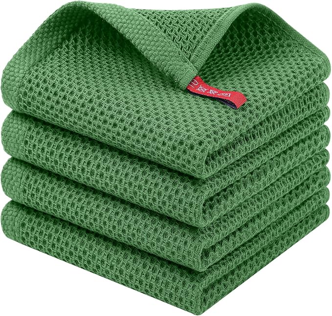 Homaxy 100% Cotton Waffle Weave Kitchen Dish Cloths, 4-Pack, Grass Green | 12 x 12 Inches, Ultra Soft Absorbent Dish Towels, Quick Drying Dish Rags with Hanging Loop