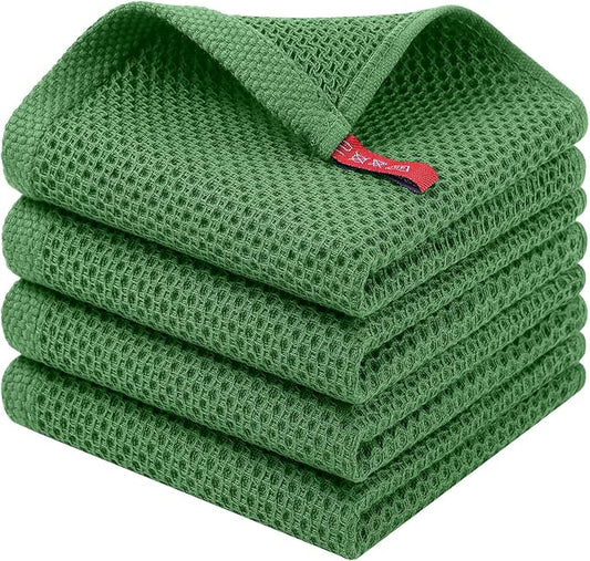 Homaxy 100% Cotton Waffle Weave Kitchen Dish Cloths, 4-Pack, Grass Green | 12 x 12 Inches, Ultra Soft Absorbent Dish Towels, Quick Drying Dish Rags with Hanging Loop