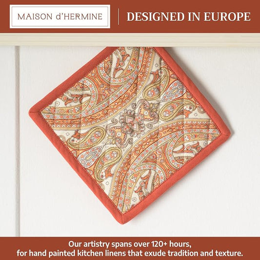 Maison d' Hermine Pot Holders 100% Cotton Potholders (8" x 8", Pack of 1) | Heat Resistant Hot Pads with Loop BBQ Cooking Baking Hotel Kitchen Handling Hot Pans Thanksgiving Christmas - Kashmir Paisley