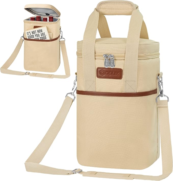 Opux 4 Bottle Insulated Wine Cooler Bag - Leakproof Padded Portable Wine Bottle Carrier for Travel Picnic BYOB Gift (Beige Cream)