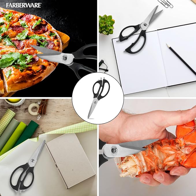Farberware 4-in-1 Kitchen Scissors with Black Handle, High-Carbon Stainless Steel Shears with Jar Opener, Bottle Opener and Screwdriver, Kitchen Shears for Food Prep