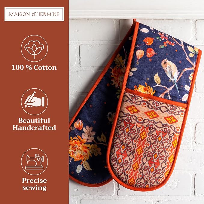 Maison d' Hermine Double Oven Mitts 100% Cotton Double Oven Glove (7"x35") | Heat Resistant BBQ Cooking Gloves with Loop Baking Kitchen Home Hotel Farmhouse Thanksgiving Christmas - Kelim - Infinity