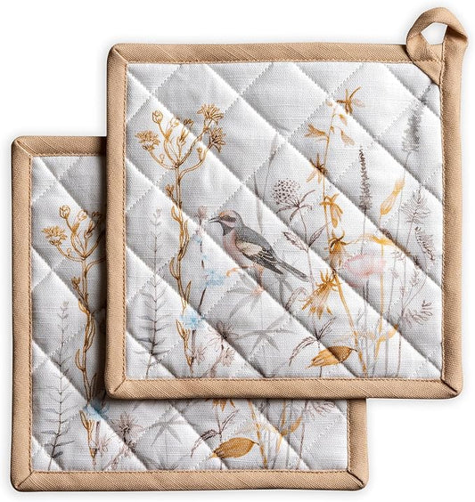 Maison d' Hermine Pot Holders 100% Cotton Potholders (8" x 8", Pack of 2) | Heat Resistant Hot Pads with Loop BBQ Cooking Farmhouse Kitchen Handling Hot Pans Spring Summer - Meadow Florals - Beige