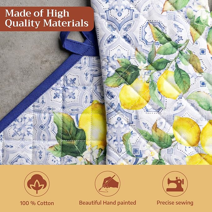 Maison d' Hermine 100% Cotton Oven Mitt & Pot Holder Set (7.5"x13" & 8"x8") | Heat Resistant BBQ Cooking Gloves with Loop Baking Grilling Kitchen Hotel Home Farmhouse Spring Summer - Citrus