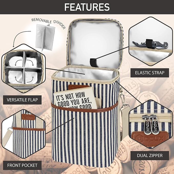 Opux 4 Bottle Insulated Wine Cooler Bag - Portable, Leakproof Padded Carrier for Travel, Picnic, BYOB - Navy White Stripe