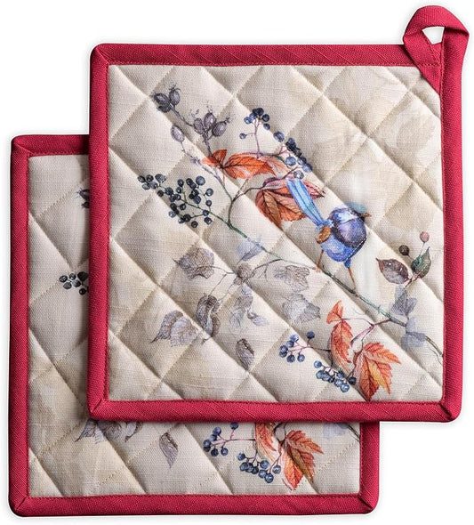 Maison d' Hermine Pot Holders 100% Cotton Potholders (8" x 8", Pack of 2) | Heat Resistant Hot Pads with Loop BBQ Cooking Baking Kitchen Handling Hot Pans Thanksgiving Christmas - Equinoxe - Beige