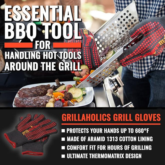 Grillaholics Heat Resistant BBQ Grill & Oven Gloves | Rated to 660ºF | Silicone Grip | Aramid 1313 | Kevlar Insulated Fibers | Comfy Cotton Lining