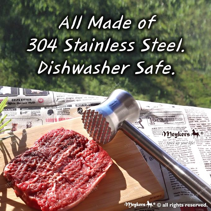 Meat Tenderizer Mallet | 304 Stainless Steel | Dishwasher Safe | Meat Pounder Hammer Flattner Beater | Kitchen Tool for Steak Chicken Poultry Food | Ablandador de Carne Martillo para Carne