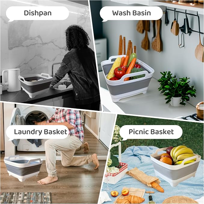 Collapsible Wash Basin with Drain Plug - 2.4 Gallon Foldable Kitchen Sink for Baby Bottles, RV Camping, Space-Saving Dish Tub (Gray-Gray)