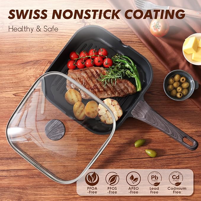 SENSARTE Nonstick Grill Pan with Lid, Grill Pan for Stove Tops, Versatile Griddle with Pour Spouts, Square Big Cooking Surface, Durable Skillet Indoor & Outdoor Grilling. PFOA Free, 9.5 Inch