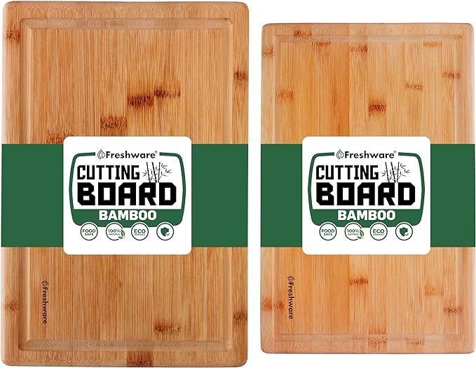 Bamboo Cutting Boards for Kitchen with Juice Groove [Set of 2] Wood Cutting Board for Chopping Meat, Vegetables, Fruits, Cheese, Knife Friendly Serving Tray with Handles