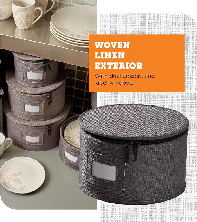 storageLAB 6-Piece China Storage Set | Plates, Mugs & Wine Glasses | Gray | Most complete set - plates, mugs & wine glasses for 12. Hard shell, felt-lined, stackable. Full china system in one.