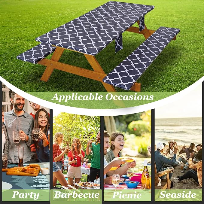 Fitted Picnic Table Cover with Bench Covers Waterproof Elastic Edges Rectangle Patio Tablecloth Outdoor Camping Essentials Stuff Rv Accessories Summer Trip Travel Supplies Party Camper Gifts, 6 ft
