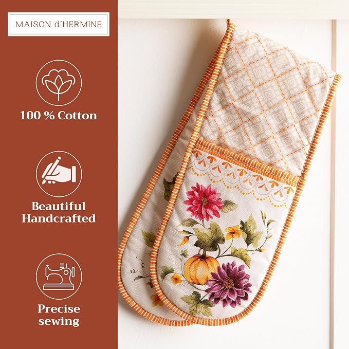 Maison d' Hermine Double Oven Mitts 100% Cotton Double Oven Glove (7"x35") | Heat Resistant Cooking Gloves with Loop Baking Kitchen Home Farmhouse Thanksgiving Christmas - Pumpkin Garden - Cloudy Cream