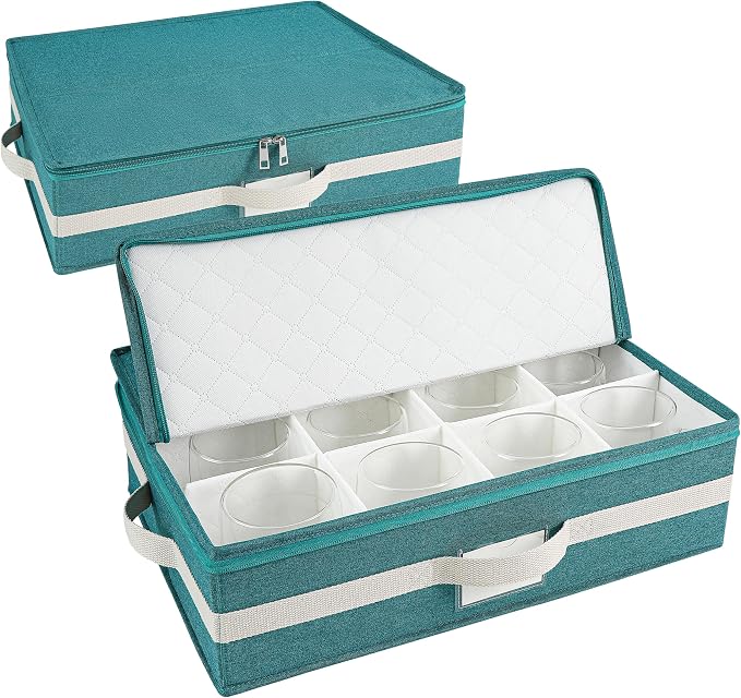 Mug Storage Box with Divider, Tea Cup and Coffee Mug Storage Container with Zipper Cover and Reinforced Handle, Hard Shell, Stackable, Foldable, 17.32 x 13.39 x 5.51 Inches (Green White, 2 Sets)