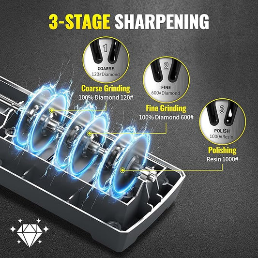 Knife Sharpener Electric for Kitchen - Kitchen Knife Sharpener 3-Stage - 15-Degree EdgeSelect Angle - Knife Sharpeners 100% Diamond Abrasive - Fast Sharpening, Repair, Restore, Polish.