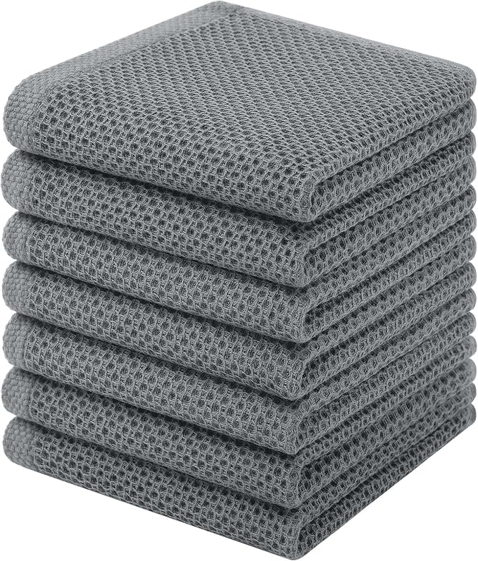 Homaxy 100% Cotton Waffle Weave Kitchen Dish Cloths, 7-Pack, Grey | 12 x 12 Inches, Ultra Soft Absorbent Dish Towels, Quick Drying Dish Rags with Hanging Loop