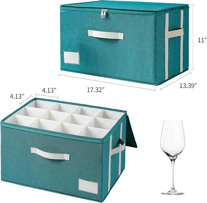 Stemware Storage Cases,Wine Glass Storage Box,with Dividers,Holds 12 Red or White Wine Glasses, Durable Glassware Storage Containers for Crystal or Stemware (Green white, Stemware storage cases)
