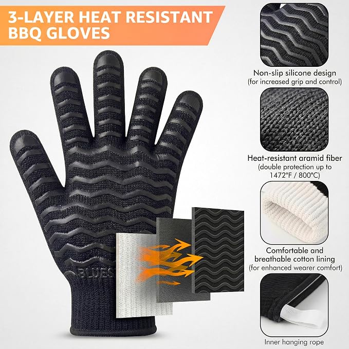 BBQ Gloves 1472°F Heat Resistant Oven Gloves with Fingers Heat Proof Grill Gloves Non-Slip Silicone Oven Mitts for Kitchen Cooking Grilling Baking Smoking Black